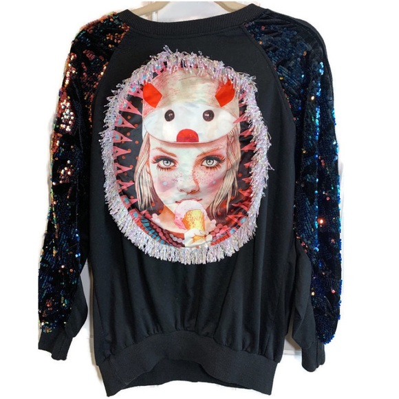 Trendy Sweatshirt Sequined Sleeves S/M - Picture 1 of 4